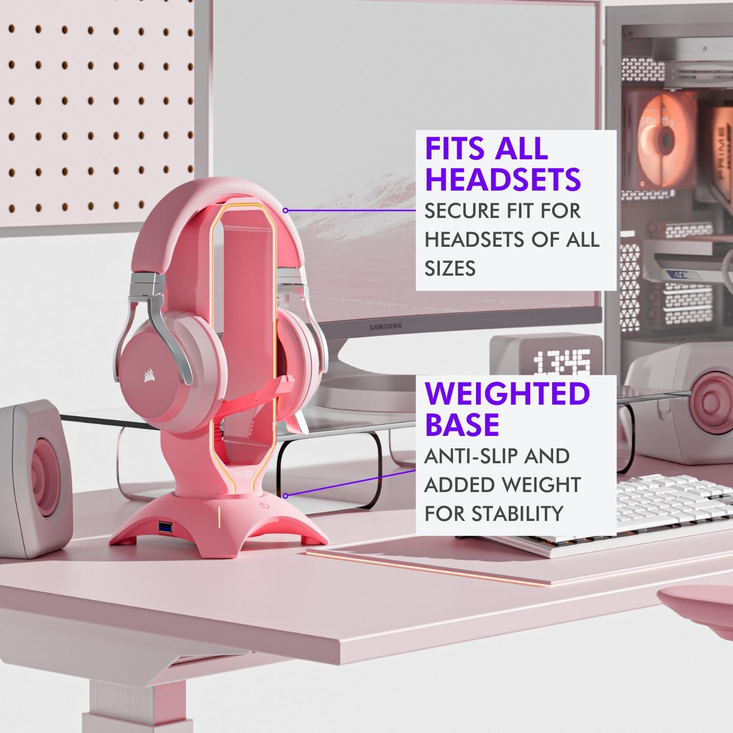 RGB Gaming Headset Stand - 3 in 1 Pink with Mouse Bungee and 2 Port USB Hub Charger - the Ultimate Accessory and Gamer Gift - Headphone Holder for Desk