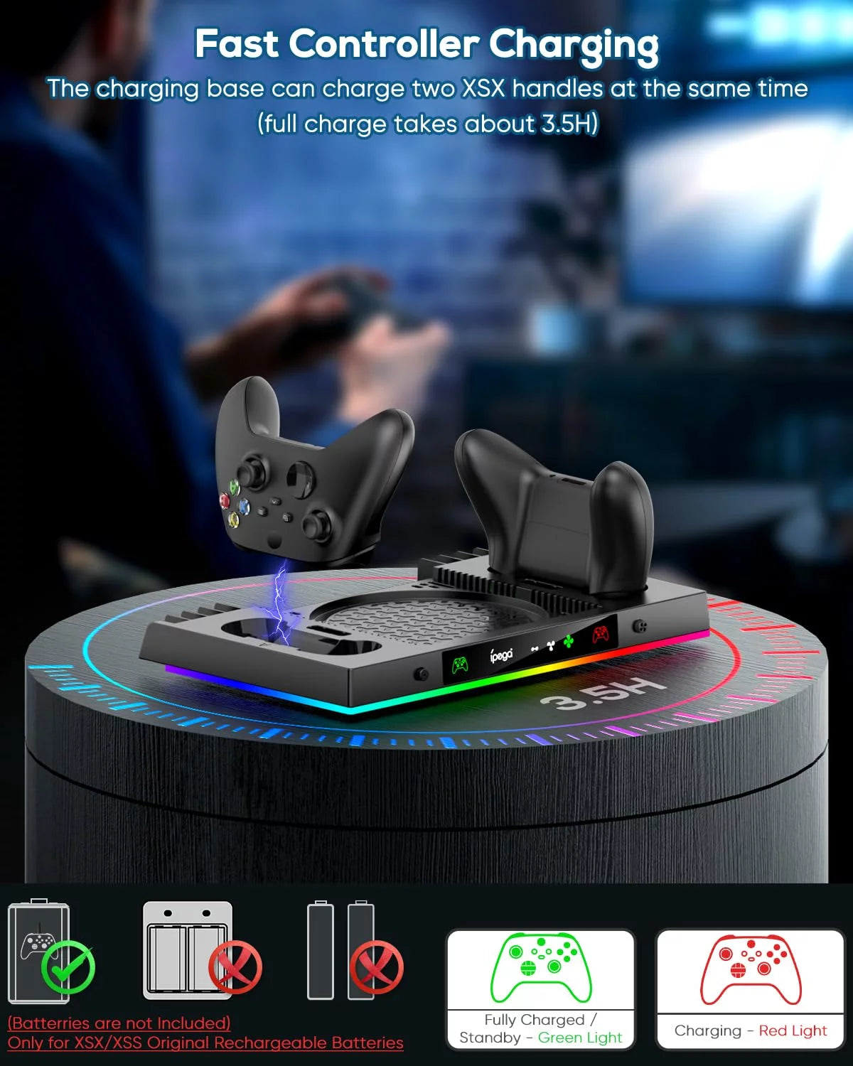 Estación De Carga Con Ventilador De Enfriamiento RGB Mejorada Para Consola Y Control Xbox Series X, Base De Carga Dual Inalámbrica Y Soporte Para Sistema De Enfriamiento Con 15 Modos De Luz Colorida Para Almacenamiento De Accesorios Xbox Series X