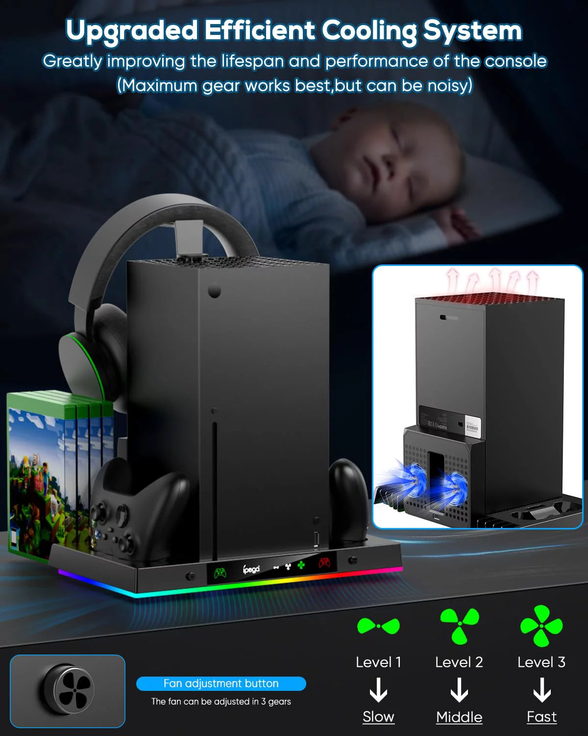 Estación De Carga Con Ventilador De Enfriamiento RGB Mejorada Para Consola Y Control Xbox Series X, Base De Carga Dual Inalámbrica Y Soporte Para Sistema De Enfriamiento Con 15 Modos De Luz Colorida Para Almacenamiento De Accesorios Xbox Series X