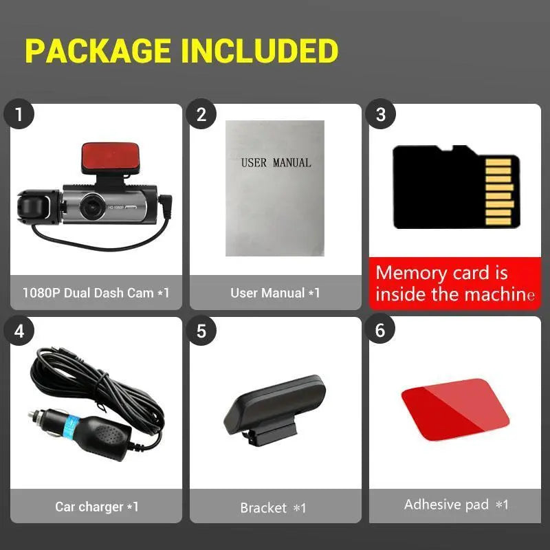 Experience Crystal Clear Journeys with the WHATOOK 1080P Ultra HD Dual Dash Cam – Complete with Night Vision and 32GB Memory Card!